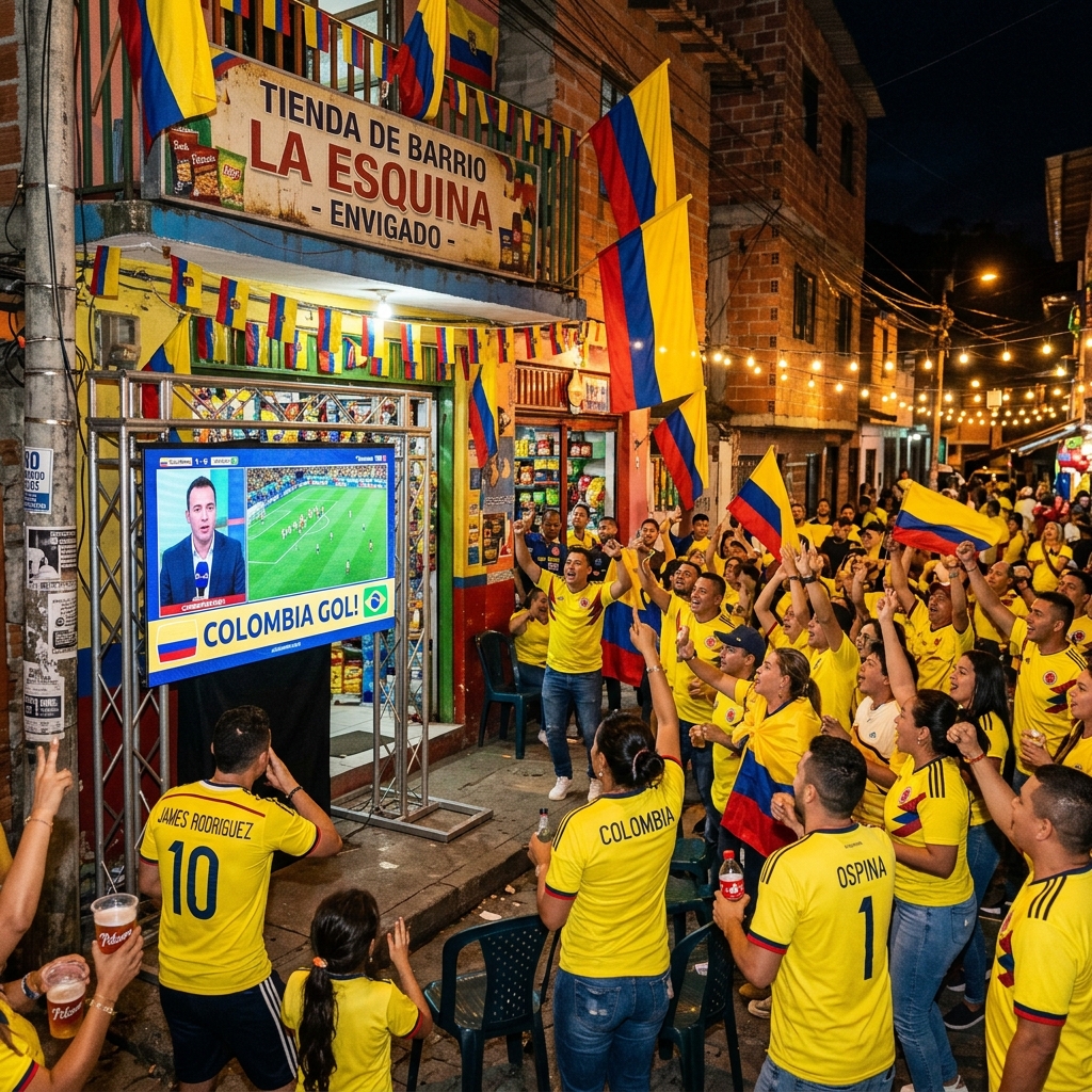 Fiesta del mundial en el balcón de la tienda de barrio